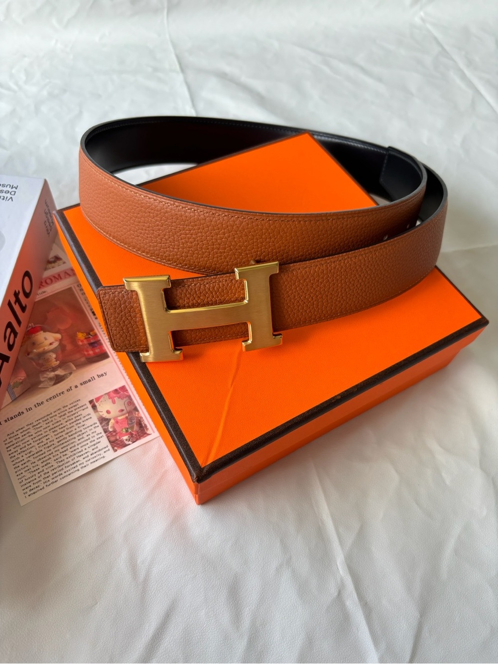 GoodHermes Brown Leather Belt with Gold H Buckle